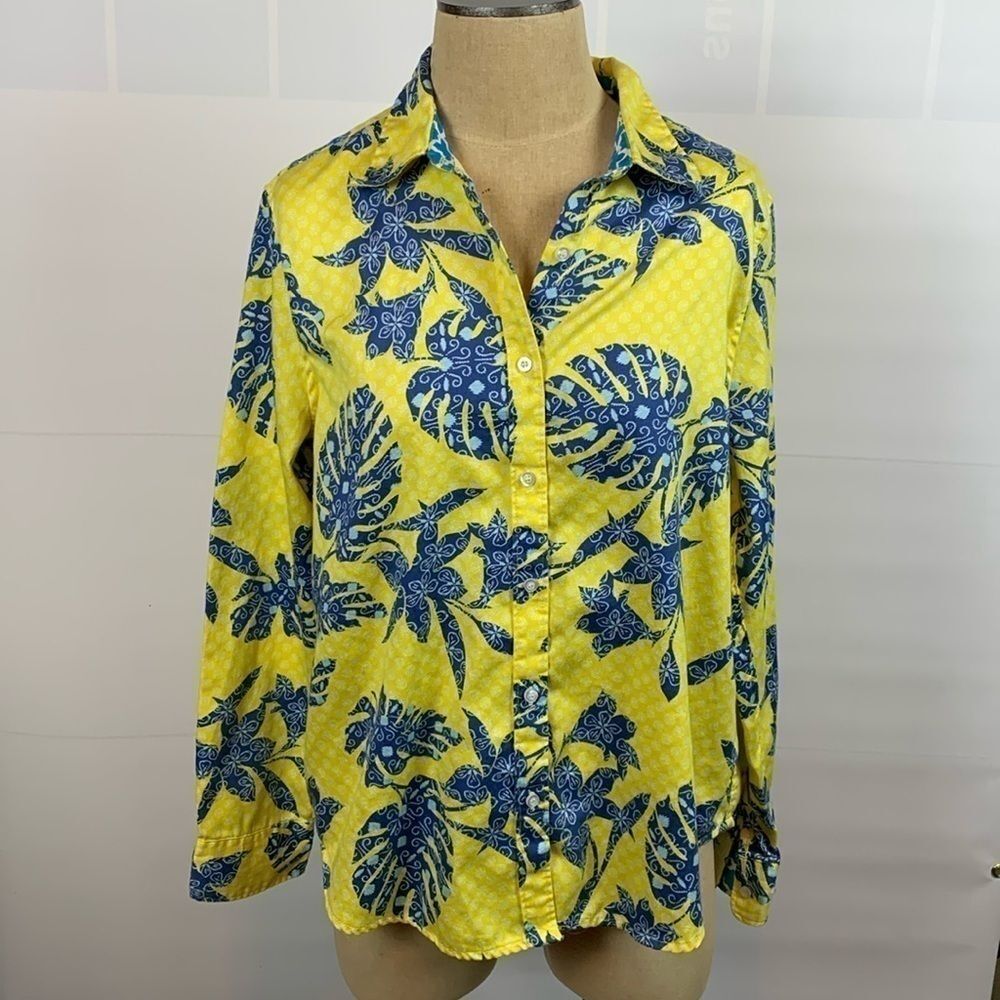 Ruby Road yellow and blue tropical button down shirt, Size 14